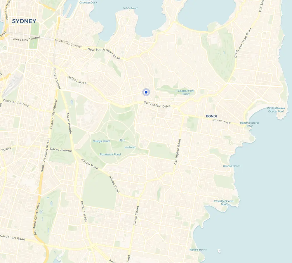 Map of the Woollahra service area and the surrounding Eastern Suburbs, showing Woollahra and the nearby streets we cover.