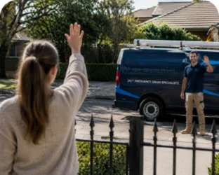 Customer waving goodbye to a plumber in Woollahra